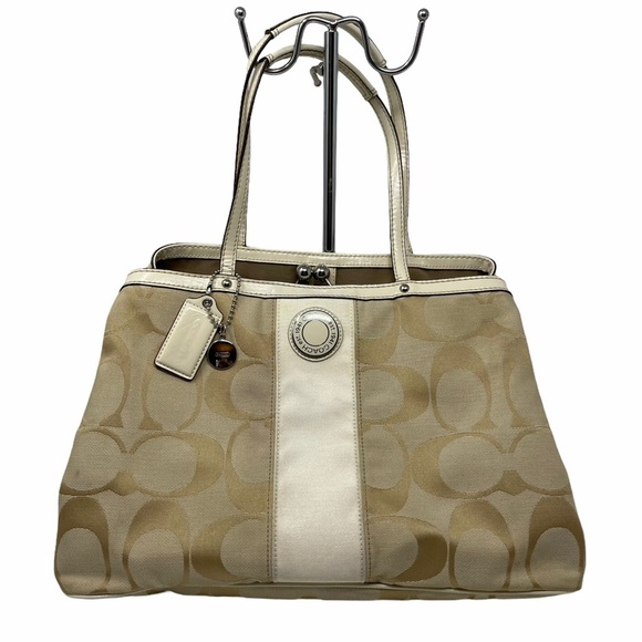Coach Handbags - Coach Signature Stripe Framed Tan Carryall Purse